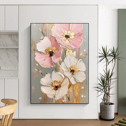 Hand Painted Art Pink, White, and Gold Floral Abstract Flower Painting DPS437