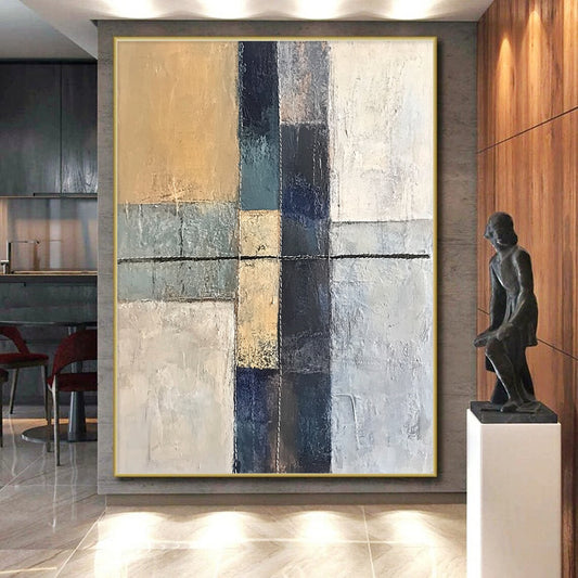 Big Abstract Painting On Canvas, Beige Blue Gray Abstract Geometric Art On Canvas PT153