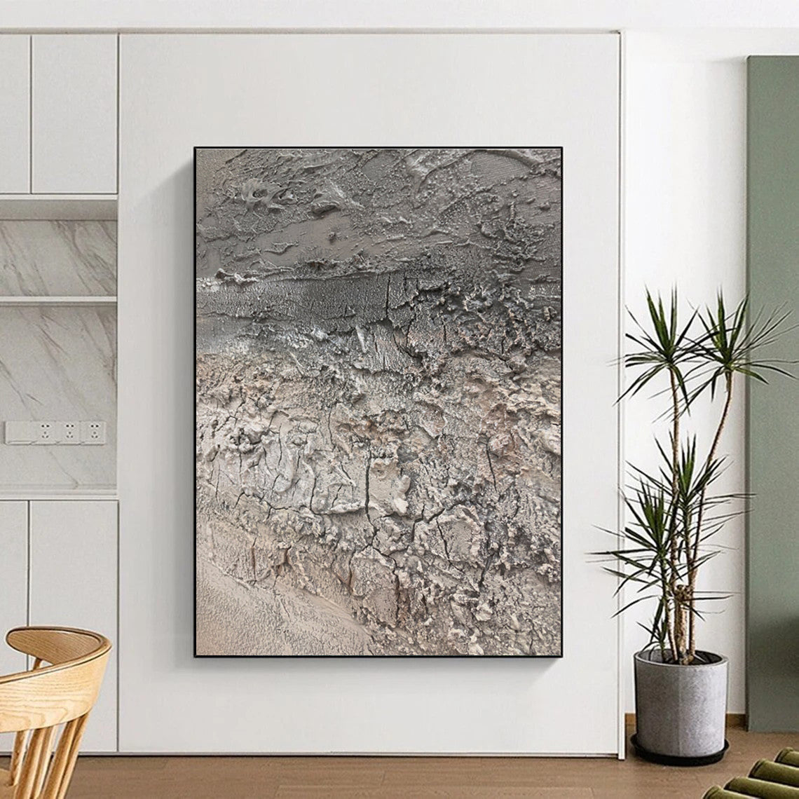 Huge Size Gray Textured Abstract Art with Cracked Details, Handmade Art Piece PT302