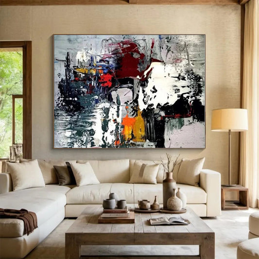 Hand-Painted Multicolor (Red, Black, White, Yellow, Blue) Abstract Energetic Shapes Painting On Canvas PT271