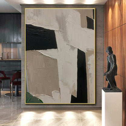 Large Contemporary Wall Art in Black, Beige, and White Geometric Textures, Handmade Art PT306