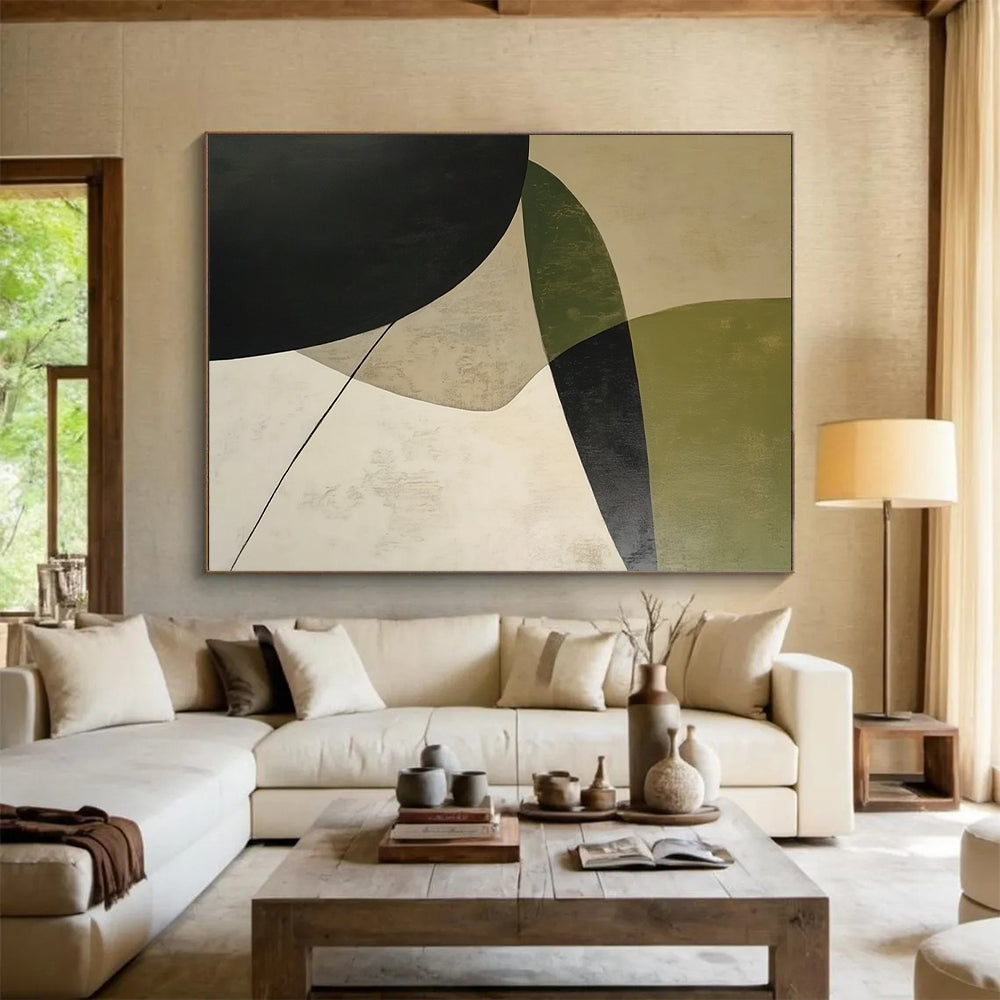 Affordable Large Abstract Wall Art With Green, Black, Beige Geometric Forms On Canvas PT188