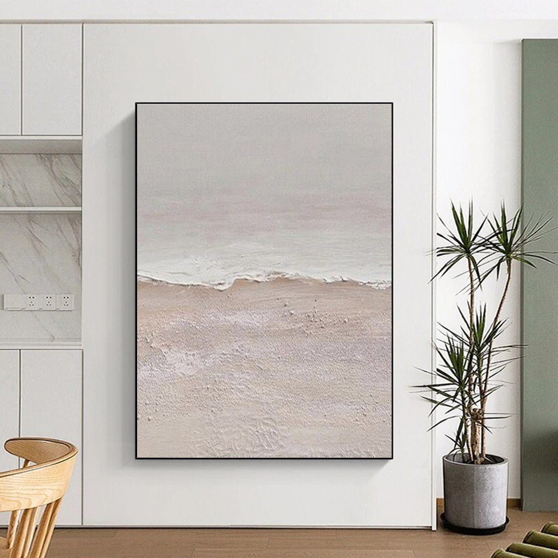 Hand Painting Beige and White Textured Abstract Seaside, Acrylic Modern Art Painting PT550