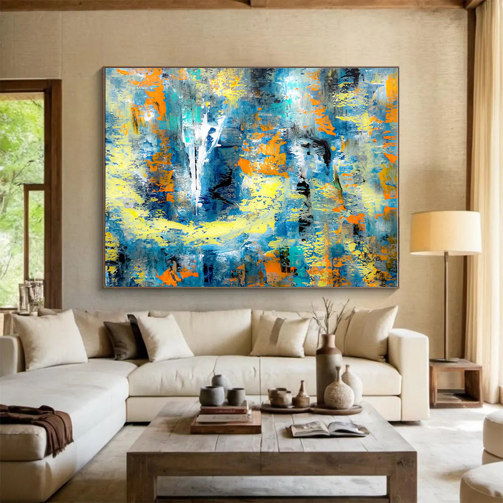 Hand Painting Blue, Orange & Yellow Energetic Abstract Art HPS162