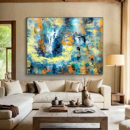 Hand Painting Blue, Orange & Yellow Energetic Abstract Art HPS162