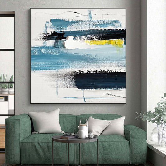 Cool Abstract Paintings - Blue, Black, White & Yellow Textured Abstract Art PT586