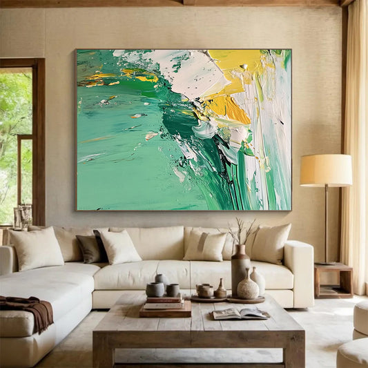 48x60 Green, Yellow & White Textured Abstract Painting On Canvas PT126