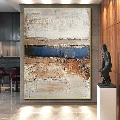 Modern Large Abstract Canvas Painting With Beige, Blue, Brown Textured Layers On Canvas PT193