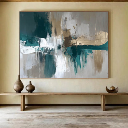 Modern Art Acrylic Teal, Gold, Gray & White Textured Abstract Painting HPS299
