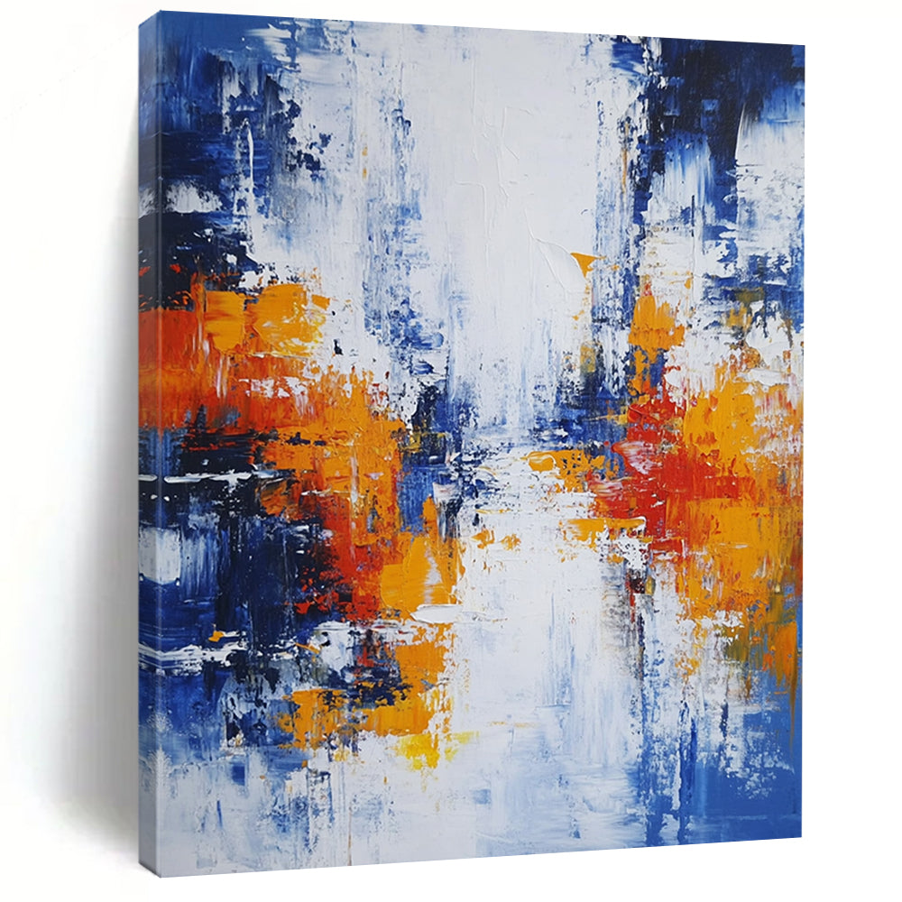 Original Large Abstract Paintings For Sale, Blue White Orange Red Abstract Expressionist Art PT132