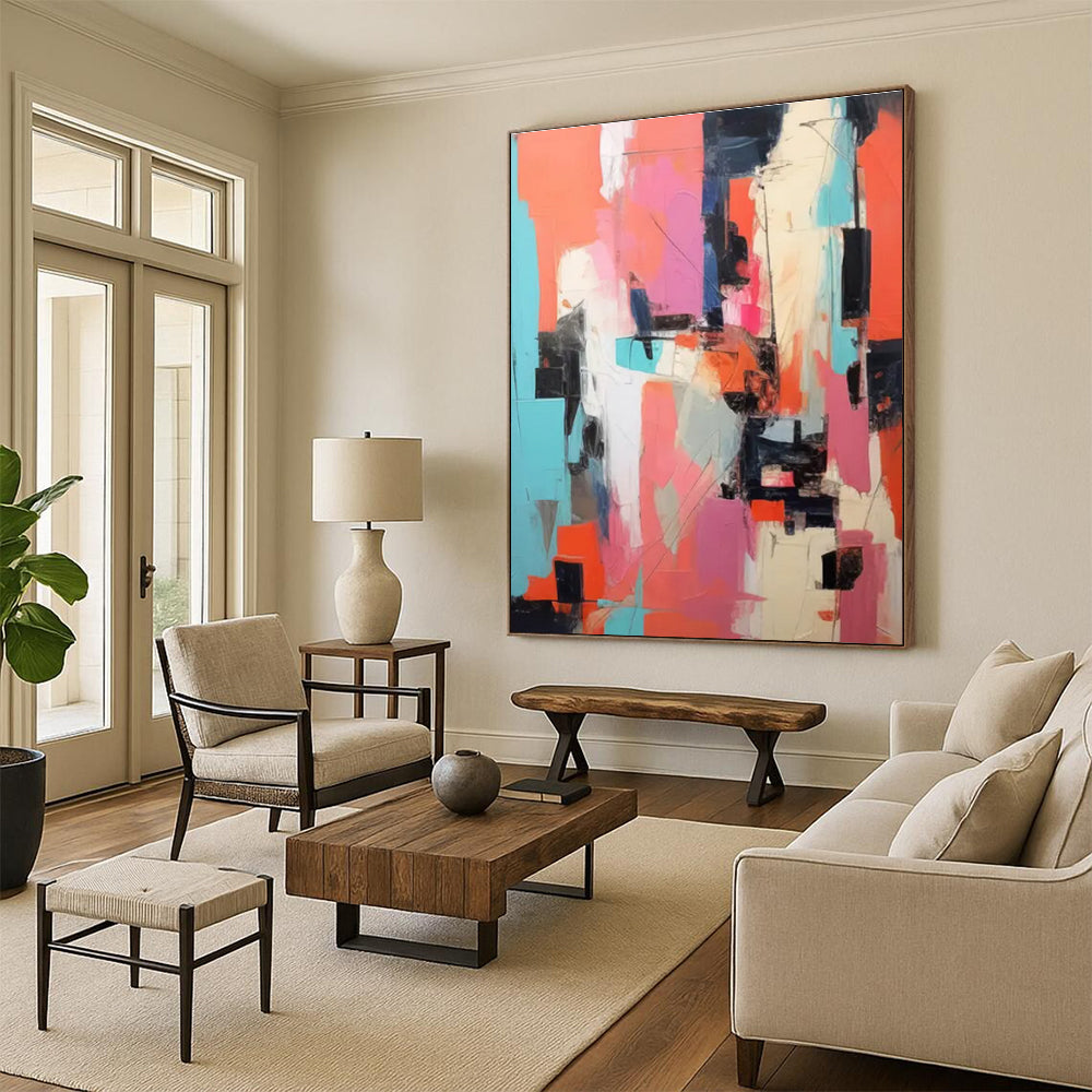 Hand-Painted Vibrant Coral, Pink, Teal, and Black Abstract Geometric Shapes Art PT231
