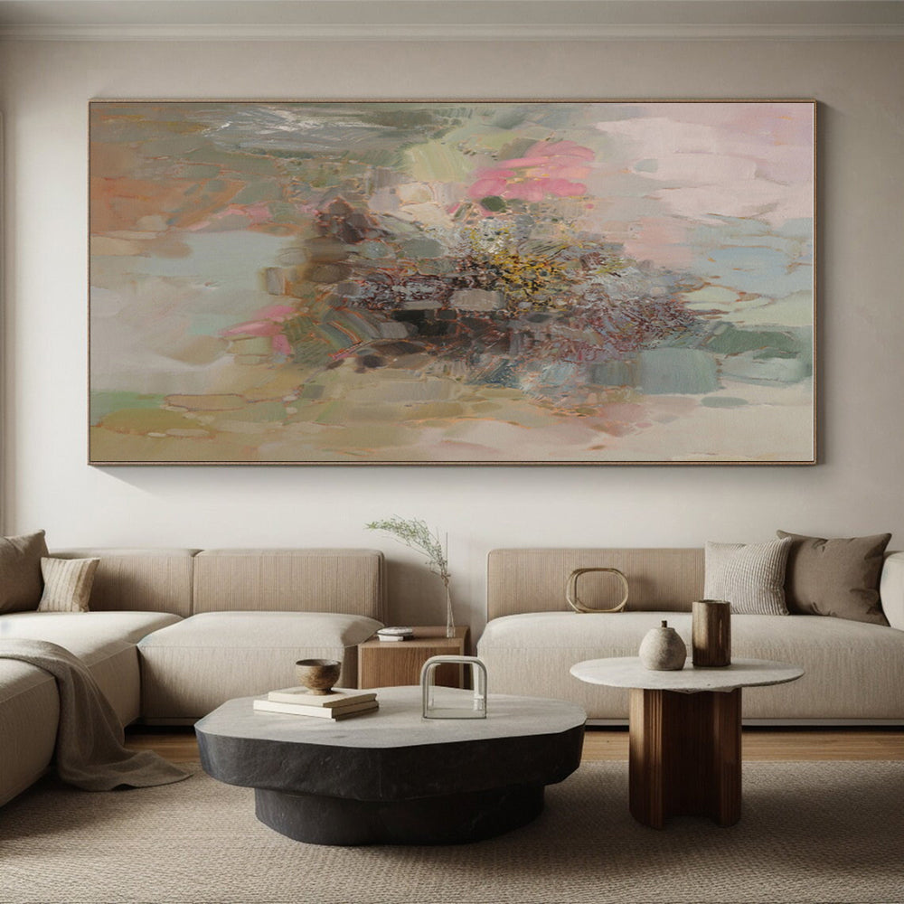 Cool Abstract Paintings Pink, Green, and Beige Floral Abstract Art PT714