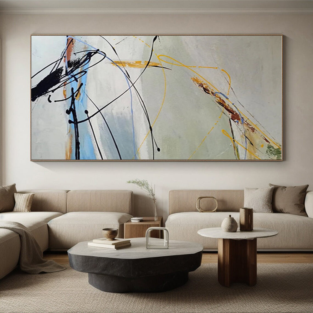Modern Art Acrylic with Black, Yellow, Blue, and Gray Dynamic Lines, Large Contemporary Wall Art PT210