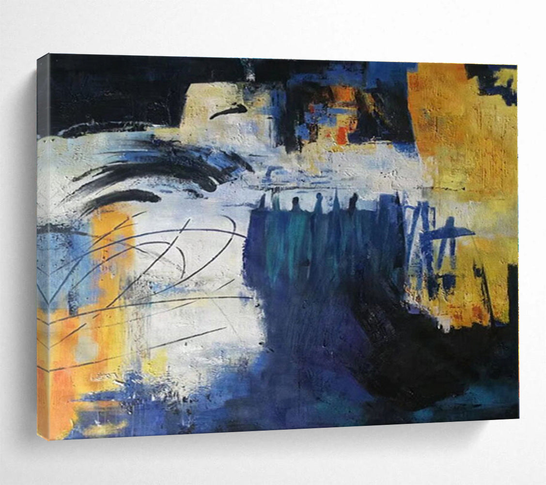 Hand-Painted Blue, Yellow & Black Abstract Urban Scene Art HPS151