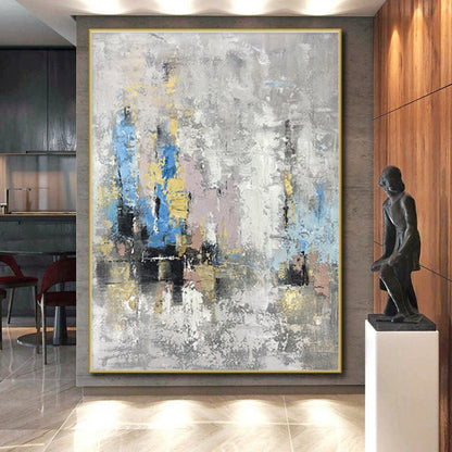 Hand Painted Art in Grey, Blue, Yellow, Pink, and Gold Abstract Textural Layers PT244