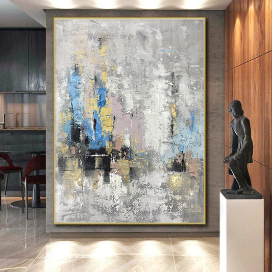 Hand Painted Art in Grey, Blue, Yellow, Pink, and Gold Abstract Textural Layers PT244