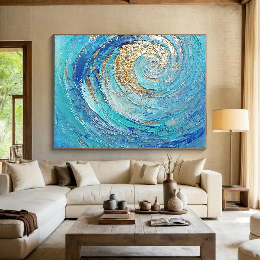 Hand Painted Art Turquoise, Blue & Gold Textured Spiral Abstract Painting HPS257