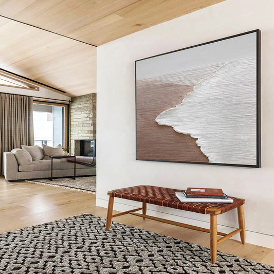 Large Painting In Living Room Beige & White Abstract Coastal Art HPS220