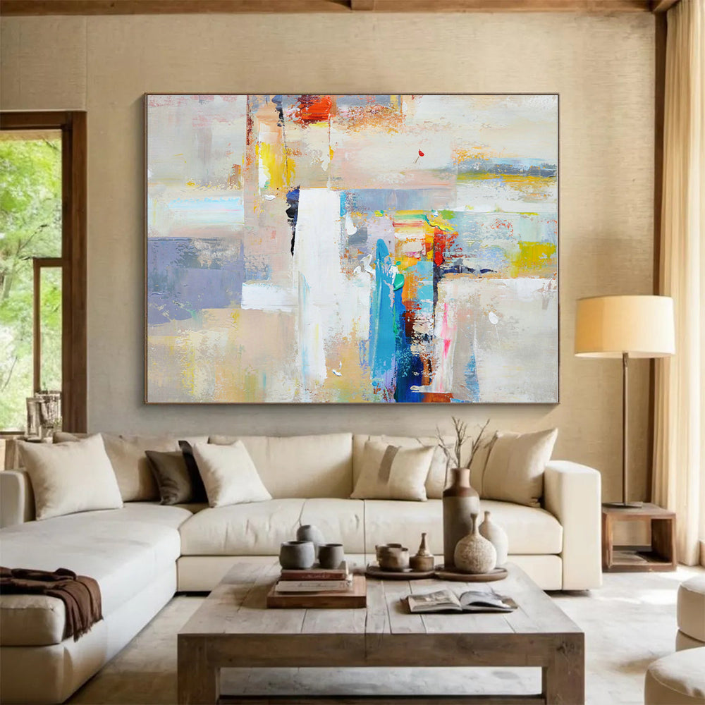 Acrylic Modern Art Paintings in Multicolor (Blue, Yellow, Red, White, Grey) Abstract Urban Compositions Painting On Canvas PT274