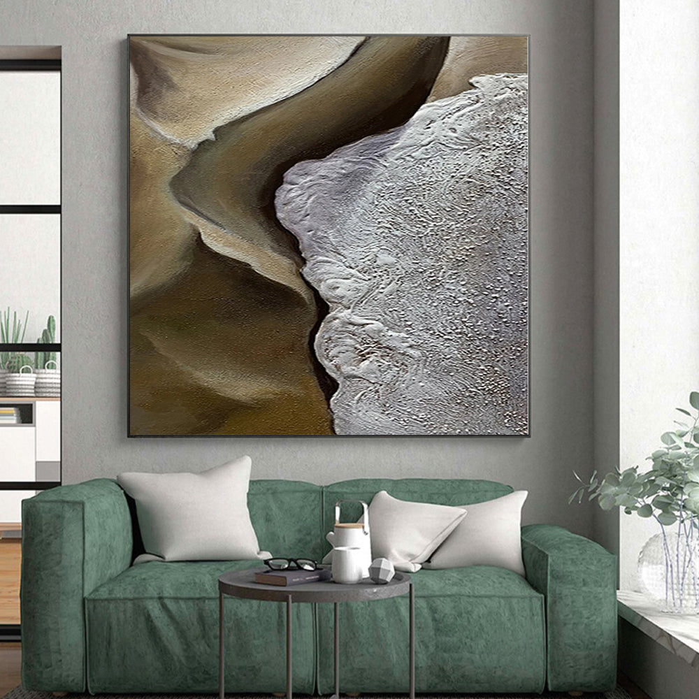 Large Size Abstract Painting with Beige and Gray Textured Forms, Large Painting In Living Room PT008