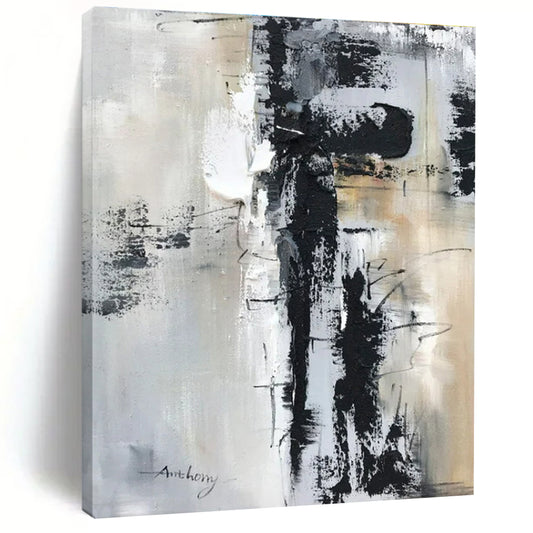 Large Contemporary Wall Art - Black, White & Beige Textured Abstract Art with Dynamic Lines PT587