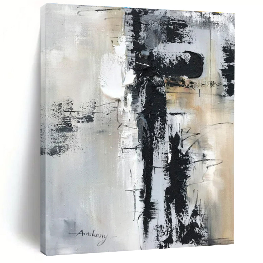 Large Contemporary Wall Art - Black, White & Beige Textured Abstract Art with Dynamic Lines PT587