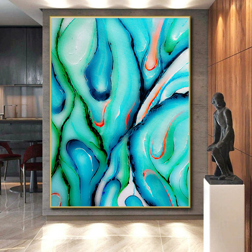 Unique Abstract Art Turquoise, Green, and Orange Fluid Abstract Art PT724