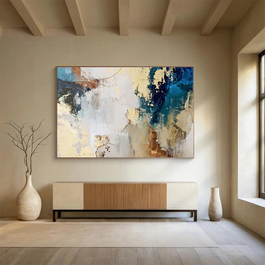 Unique Abstract Art Blue, Gold & Brown Textured Abstract Painting On Canvas HPS113