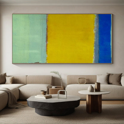 Hand Painted Art Blue, Yellow & Gray Color Field Abstract Painting On Canvas PT105