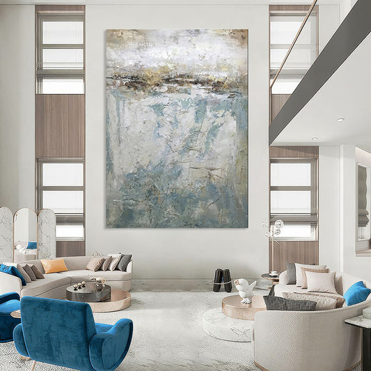 Huge Size Beige, Blue & Gray Abstract Landscape, Large Contemporary Wall Art DPS512