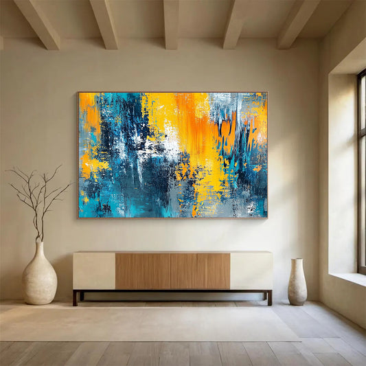 Hand-Painted Teal, Yellow, Orange & Gray Dynamic Abstract Painting HPS267