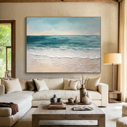 Modern Art Acrylic Teal & Beige Abstract Coastal Beach Art HPS199