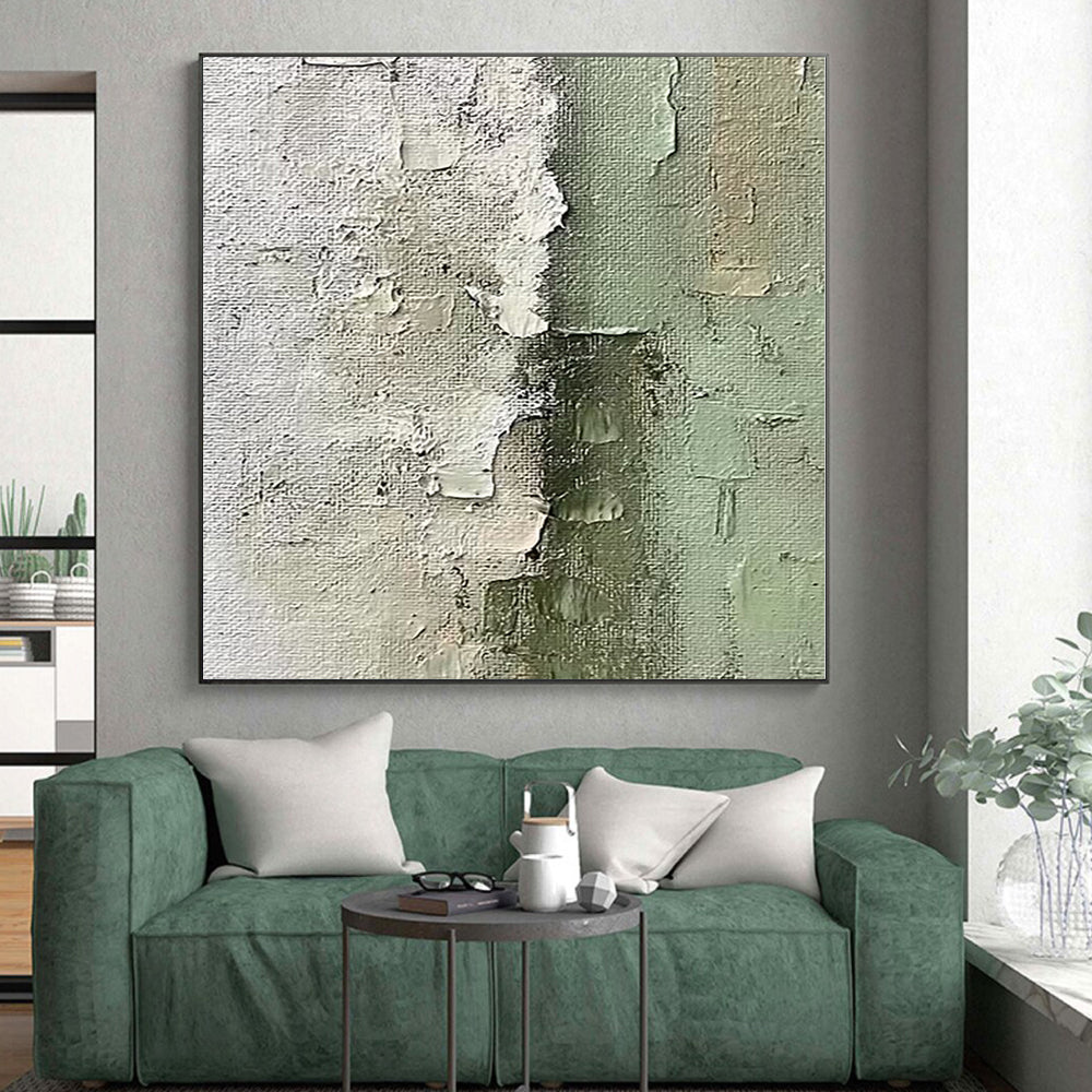 Acrylic Modern Art Paintings in White, Green, and Gray with Textured Details, Paintings For House PT010