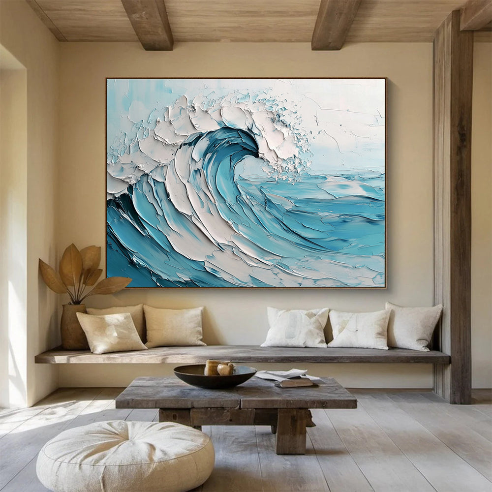 Gaint Canvas Art Blue & White Textured Wave Impressionistic Acrylic Painting HPS242