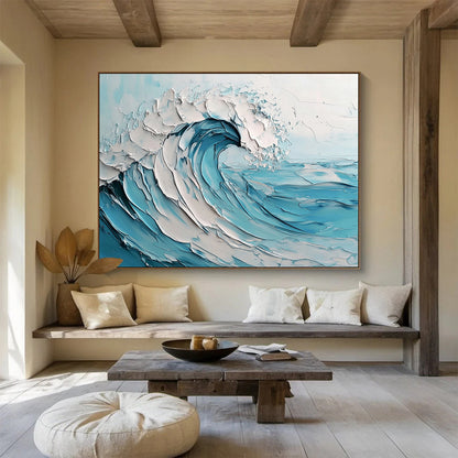 Gaint Canvas Art Blue & White Textured Wave Impressionistic Acrylic Painting HPS242