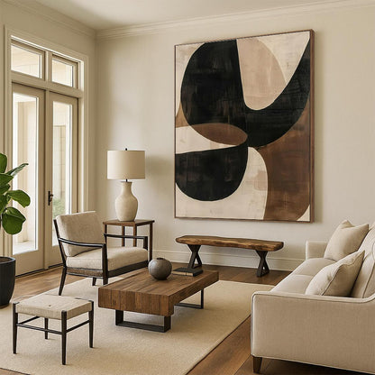 Handmade Art - Black, Brown & Beige Geometric Abstract Art with Flowing Forms PT600