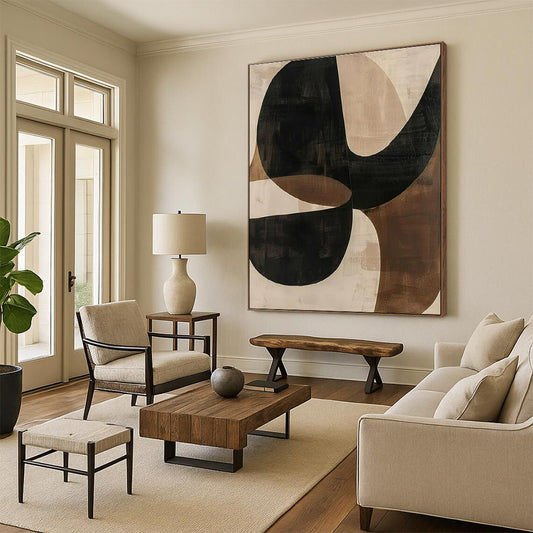 Handmade Art - Black, Brown & Beige Geometric Abstract Art with Flowing Forms PT600