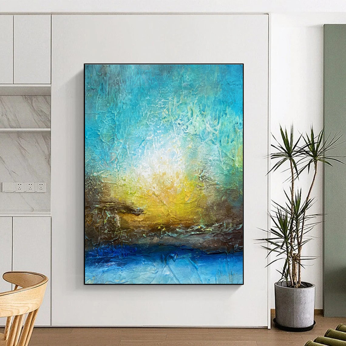 Cool Abstract Paintings with Turquoise, Yellow, and Blue, Hand-Painted Modern Art PT290