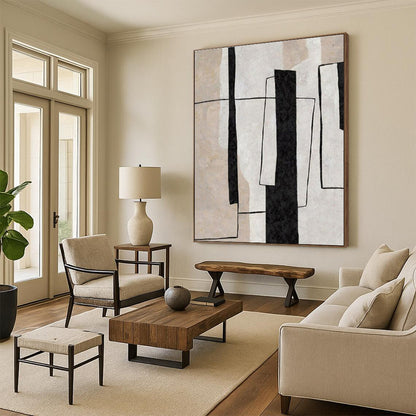 Modern Art Acrylic Black, Beige, and White Geometric Abstract Art PT697