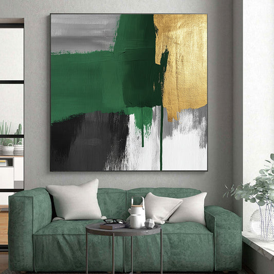 Original Large Abstract Paintings For Sale With Green, Gold, Gray, Black Textured Brushstrokes On Canvas PT197