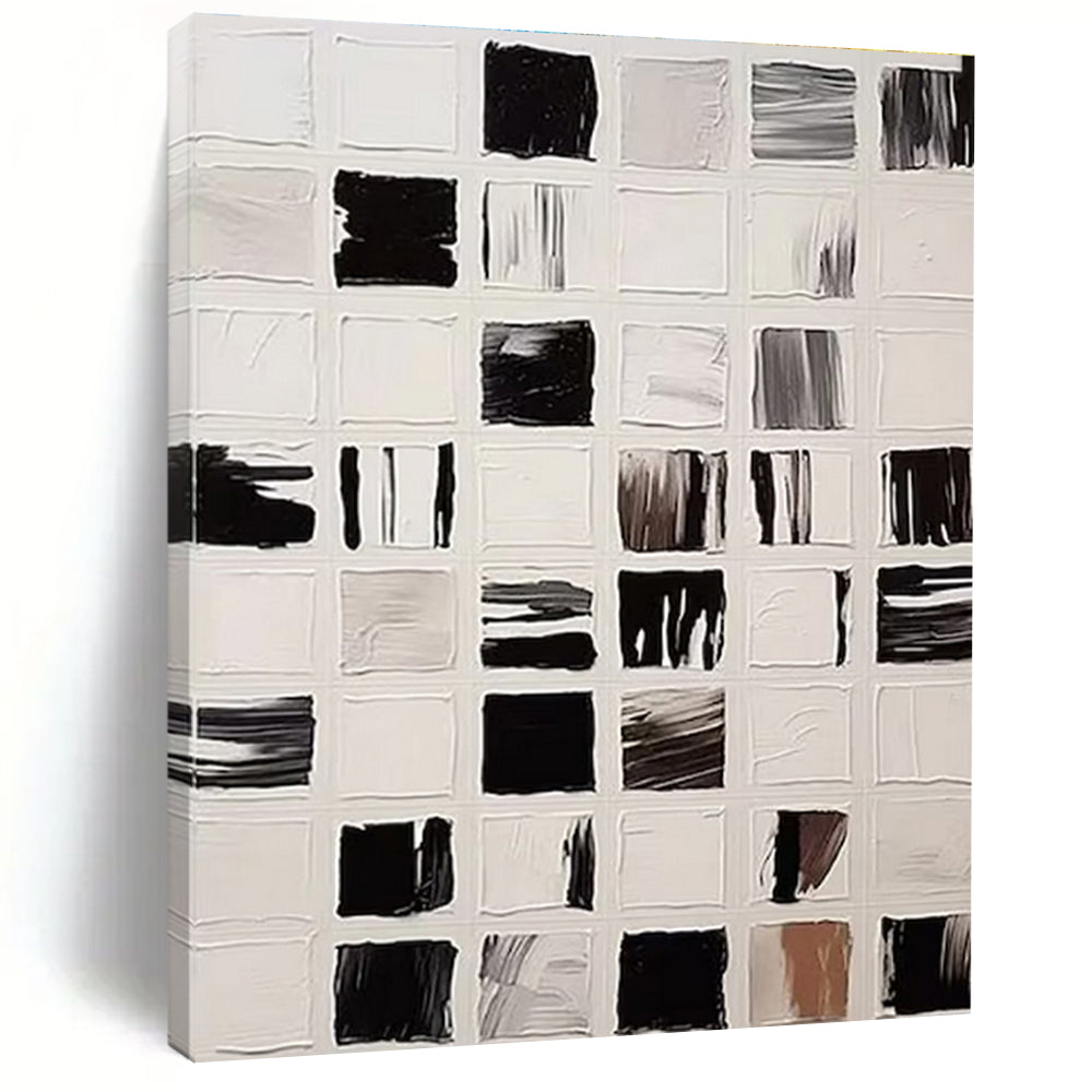 Hand Painted Art Black, White and Gray Grid Abstract Composition, Acrylic Modern Art Painting PT555