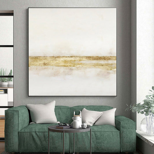 Hand-Painted White & Gold Textured Minimalist Abstract Painting On Canvas PT091