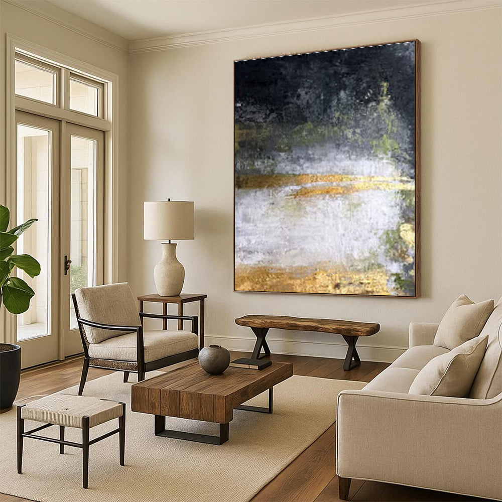 Hand-Painted Black, Gold, and White Textured Abstract Art PT653