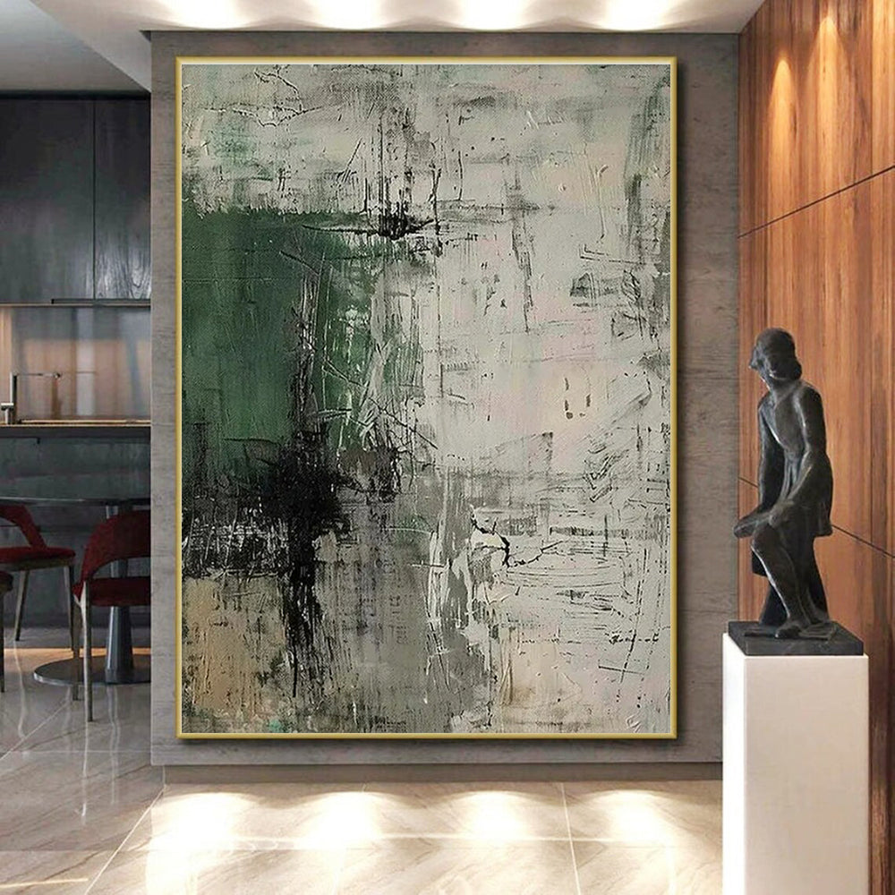 Hand-Painted - Green, Gray & Beige Textured Abstract Art with Dynamic Lines PT598