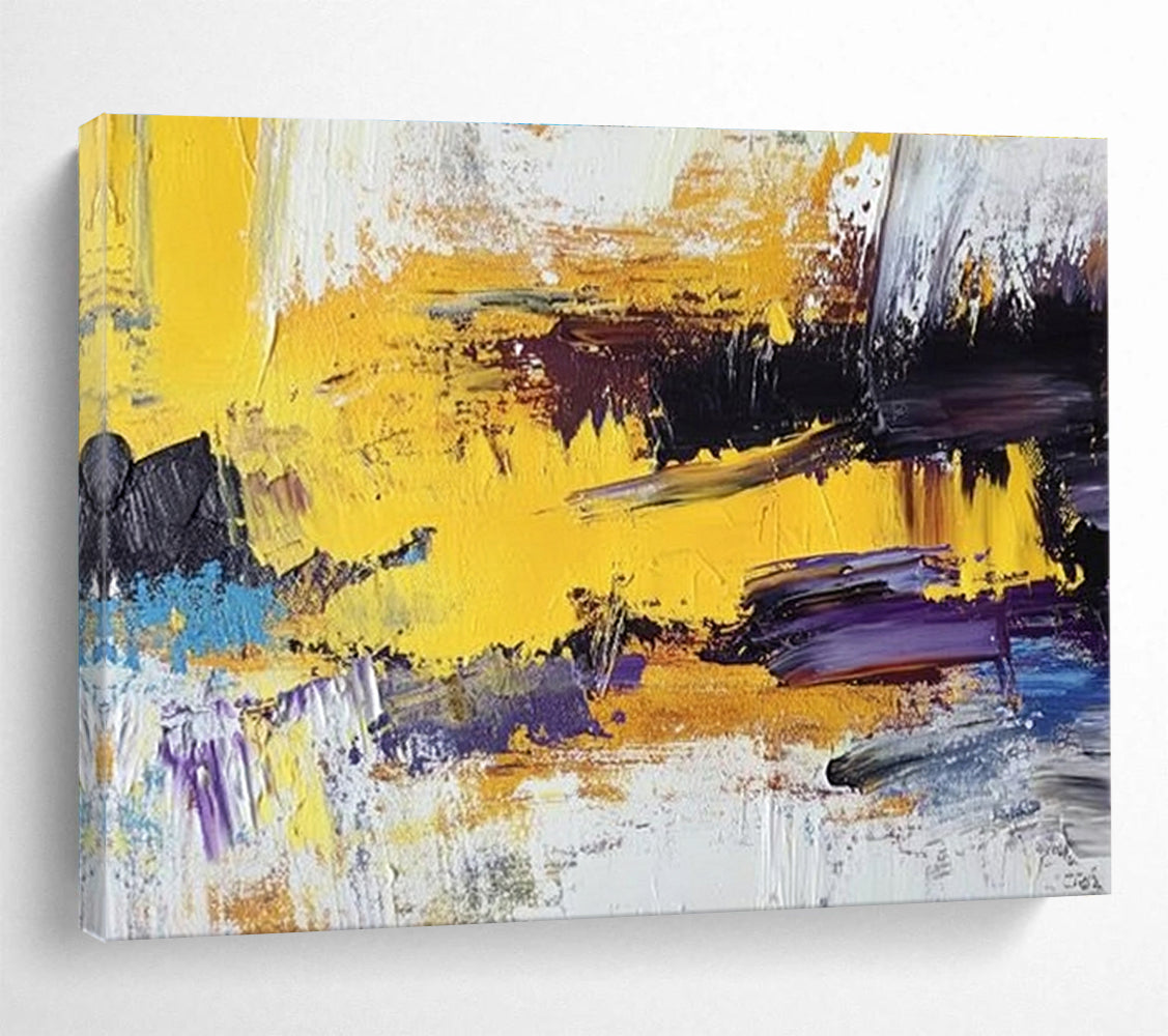 Acrylic Modern Art Paintings Yellow, Black, Purple & White Dynamic Abstract Art HPS236