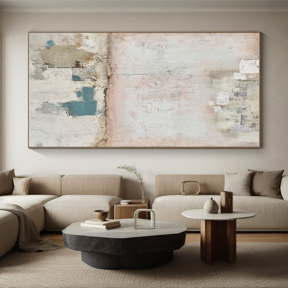 Cool Abstract Paintings in Pink, Beige, Blue, and Gray Textured Design, Hand-Painted Acrylic Art PT307