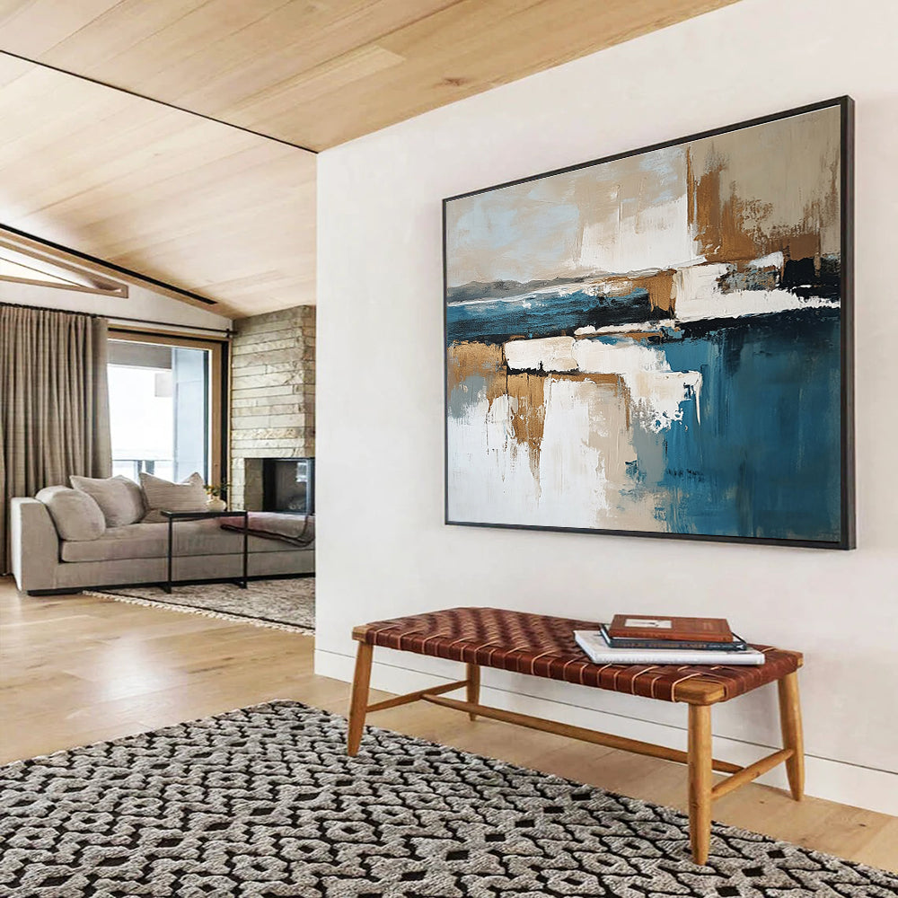 Cool Abstract Paintings Blue, Beige, and White Abstract Coastal Reflection HPS308