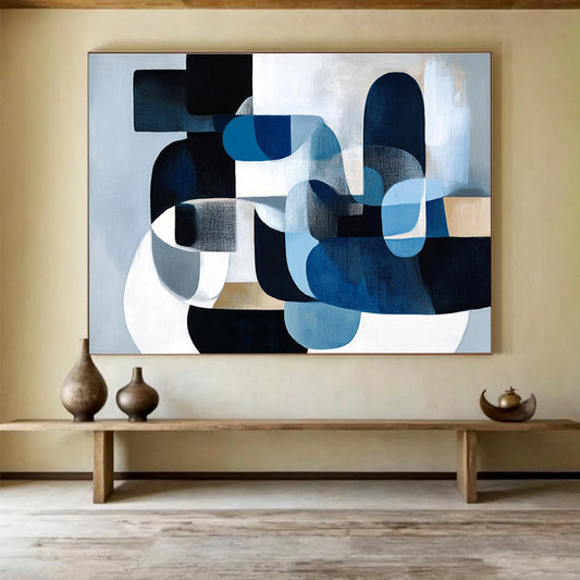 Large Size Blue, Black, White & Beige Geometric Abstract Painting HPS252