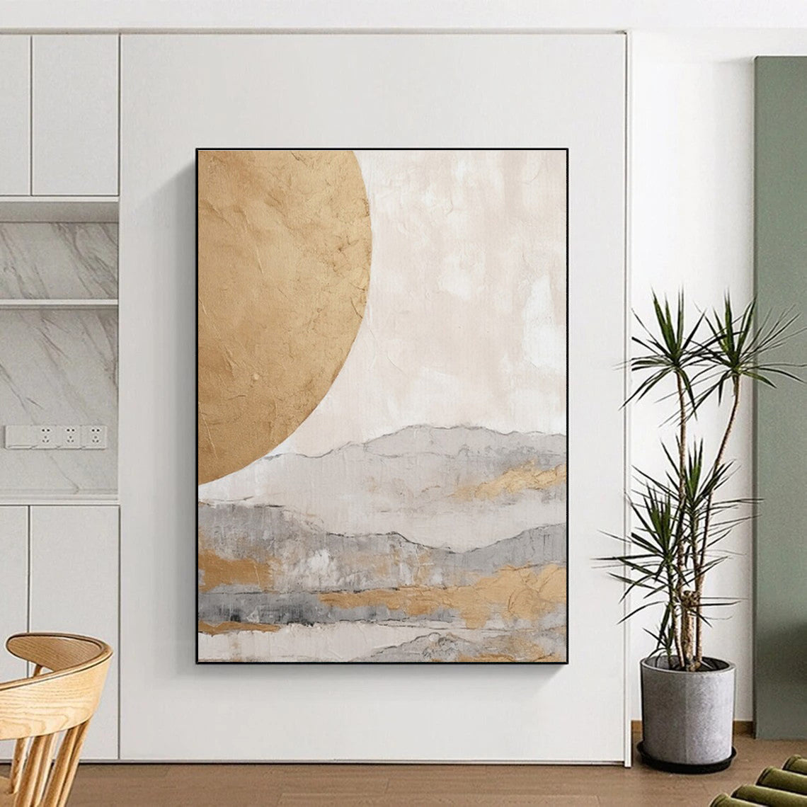 Hand-Painted Beige & Gray Abstract Landscape with Golden Circle, Acrylic Modern Art Painting DPS486