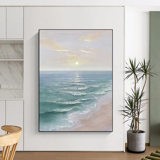 Large Contemporary Wall Art Blue, Beige, and White Coastal Sunset Abstract Painting DPS455